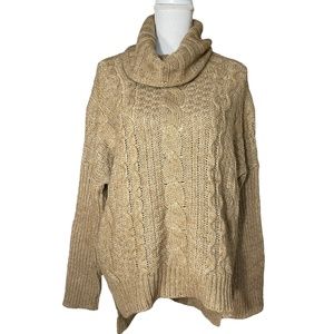 Alpaca Wool Sweater NEW L Cable Knit Turtleneck Slouchy Sharkbite High-Low Camel